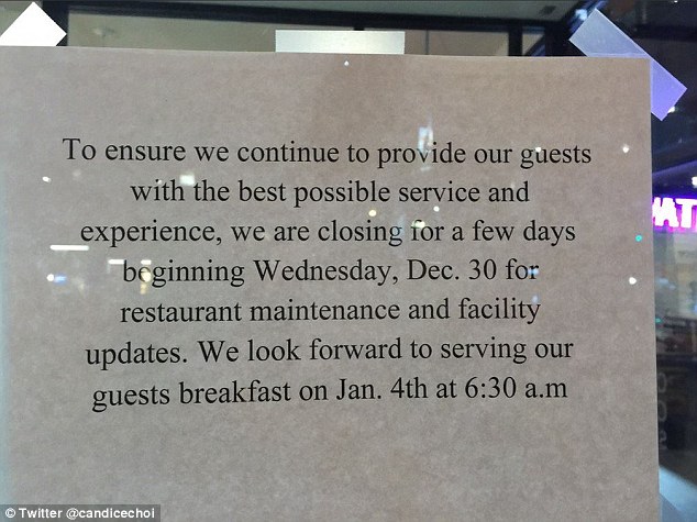 A sign on the door said it had closed for'restaurant maintenance but it has now emerged that it closed after a damning Christmas Eve inspection from New York's Department of Health