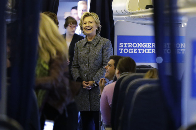 Democratic presidential candidate Hillary Clinton meets with her staff before taking off on her campaign plane at Westchester County Airport in White Plains